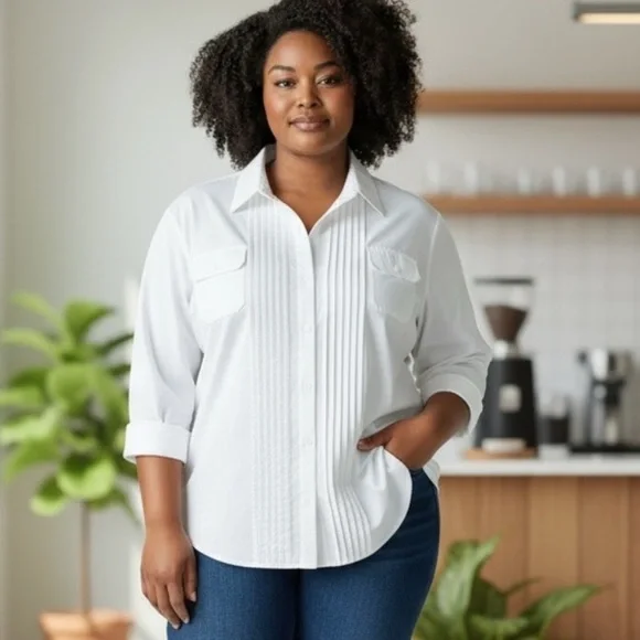 Women’s Alia button front, pintucked white shirt, pleated back, like new, SZ 18 - Picture 1 of 12
